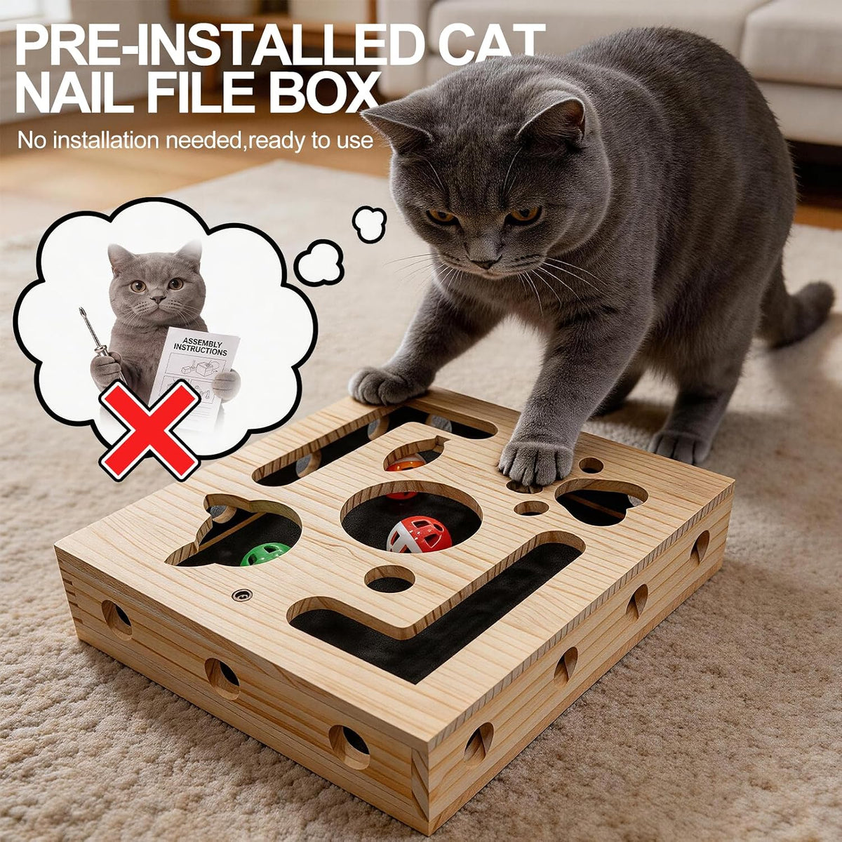 Cat Scratch Puzzle Box for Indoor Cats, Wooden Cat Enrichment Toy