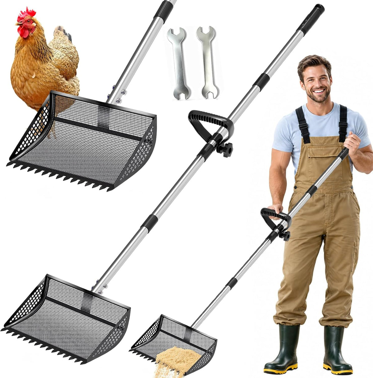 VEEMI Metal Chicken Poop Scooper, 12" Upgraded 2-in-1 Pooper Scooper & Rake, 304 Steel Shovel with Reinforced Screws & Wrench, 35-65" Adjustable Handle for Coop, Sand, Pet Waste (Black)