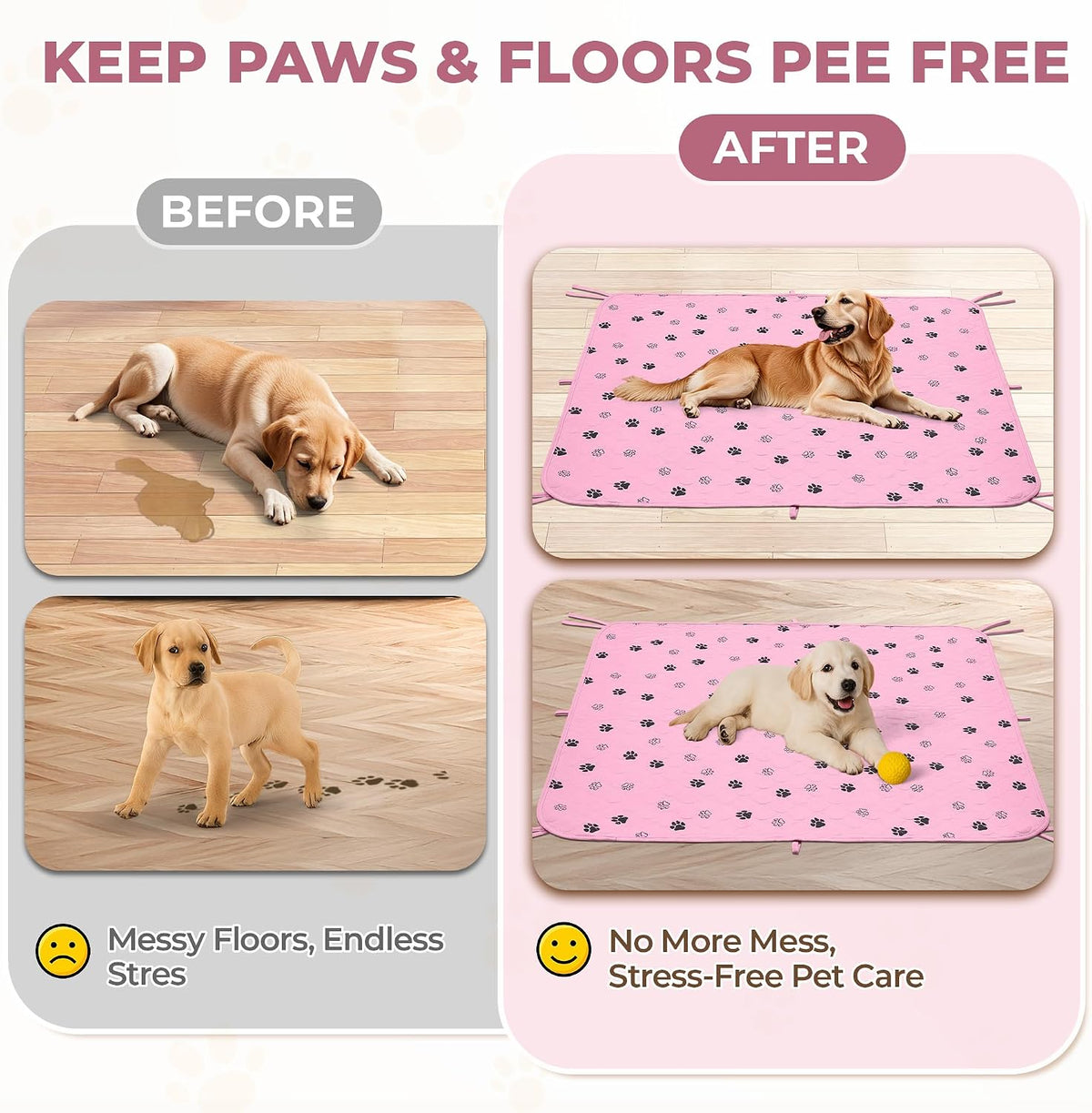 Fostanfly Washable Dog Pee Pads, Ultra-Absorbent, 31"x36"-2 Pack, Pink | Leak-Proof, Waterproof, Non-Slip, Large Reusable Pee Pads for Puppy Potty Training, Crate and Playpen with 8 Tie Straps
