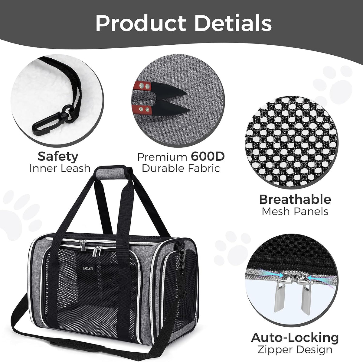 BAGLHER Pet Travel Carrier, Cat Carriers Dog Carrier for Small Medium Cats Dogs Puppies, Airline Approved Small Dog Carrier Soft Sided, Collapsible Puppy Carrier. Grey