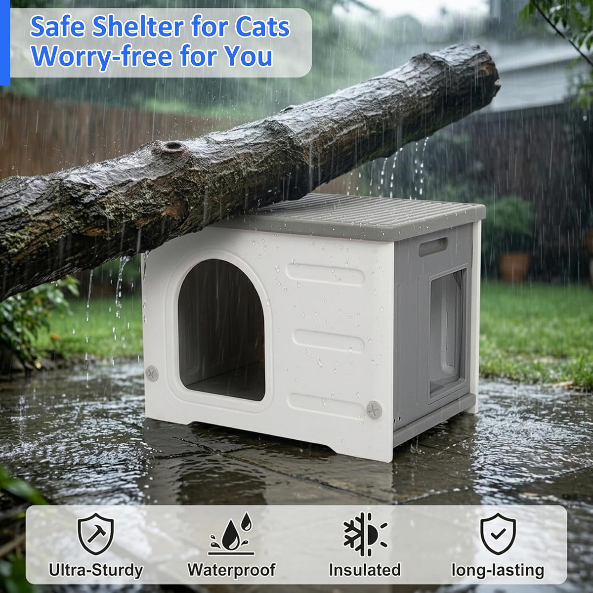 Rockever HDPE Cat House with Mat, Outdoor Waterproof Easy Clean Shelter