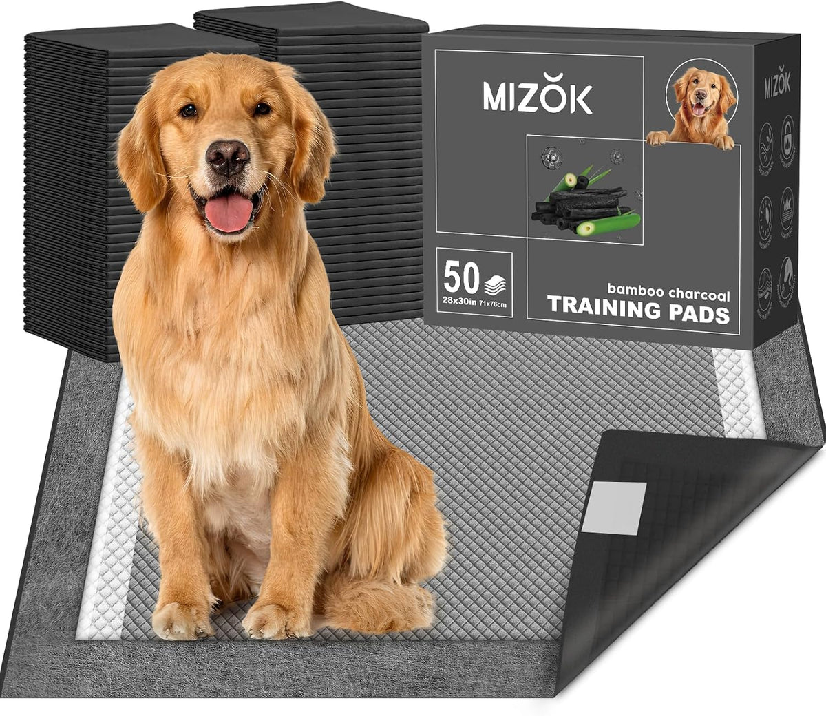MIZOK Pee Pads for Dogs Charcoal Disposable No Leak Large 28x30in 50Ct | Heavy Duty Carbon Layers, Powerful Odor Eliminator, Extra Thick Dog Pads, Protects Floors from Daily Messes