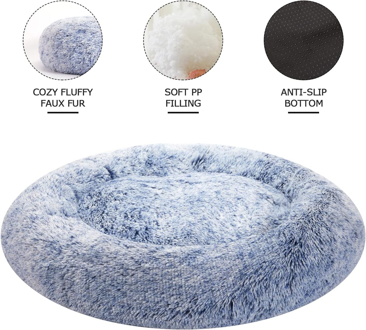 Bedfolks Calming Fluffy Donut Dog Bed for Small Dogs,Navy Blue, 23" Round