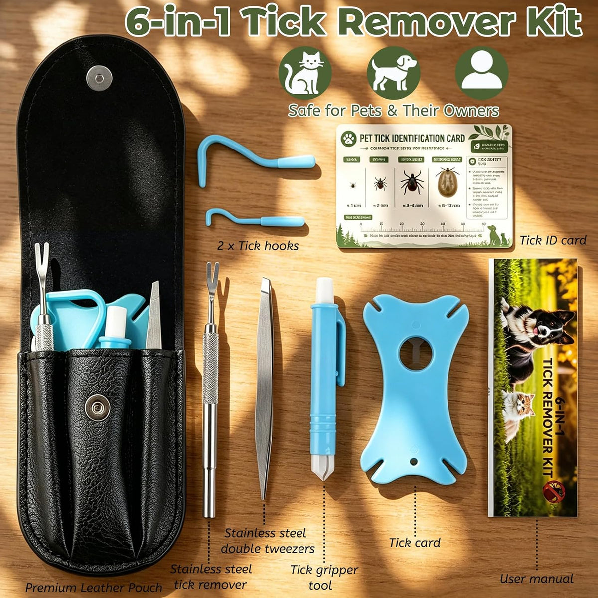 Tick Remover Tool Kit, 6-in-1 Professional Tick Removal for Dogs Cats Blue