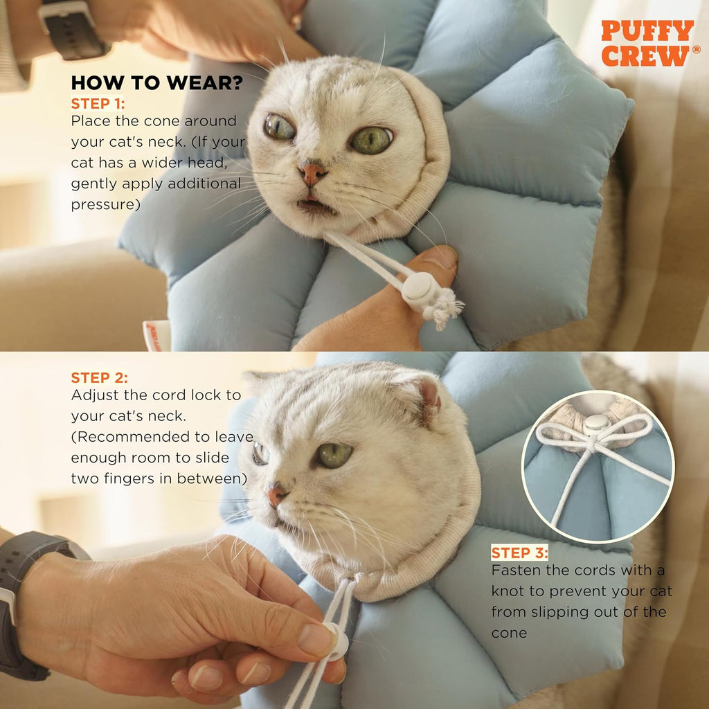 Puffy Crew Soft Cat Cone Collar, Adjustable Waterproof Recovery Collar, Lightweight Elizabethan e Collar for Cats of All Breeds (Blue, Large, Neck Circumference 7.8'' - 12.5'')