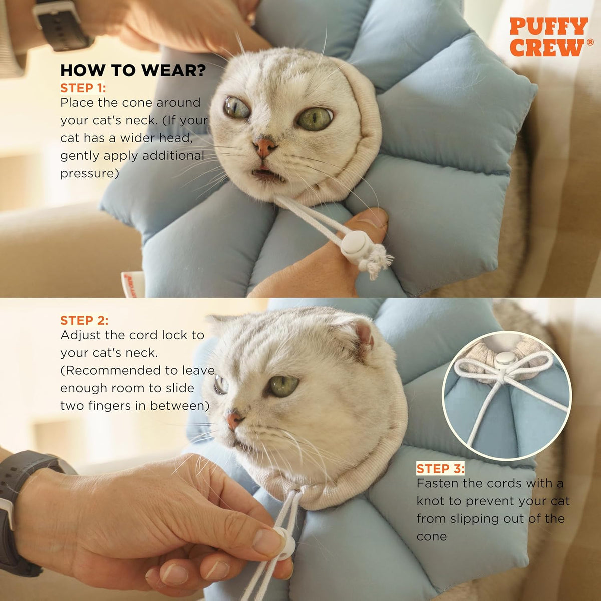 Puffy Crew Soft Cat Cone Collar, Adjustable Waterproof Recovery Collar, Lightweight Elizabethan e Collar for Cats of All Breeds (Blue, Small, Neck Circumference 5.5'' - 8.5'')