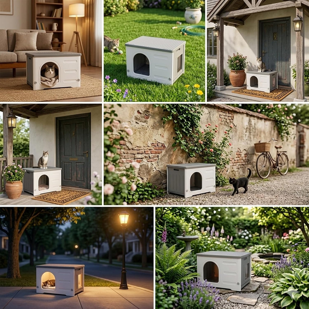 Rockever HDPE Cat House with Mat, Outdoor Waterproof Easy Clean Shelter
