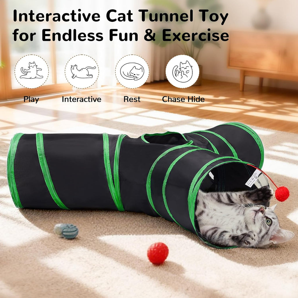 Tempcore Cat Tunnel, 3-Way Collapsible Toy, Large Size Black & Green | Large Size 3-Way Cat Tunnel Provides More Room for Cats to Run, Hide and Chase, with Peek Holes, Hanging Ball and Teaser Wand
