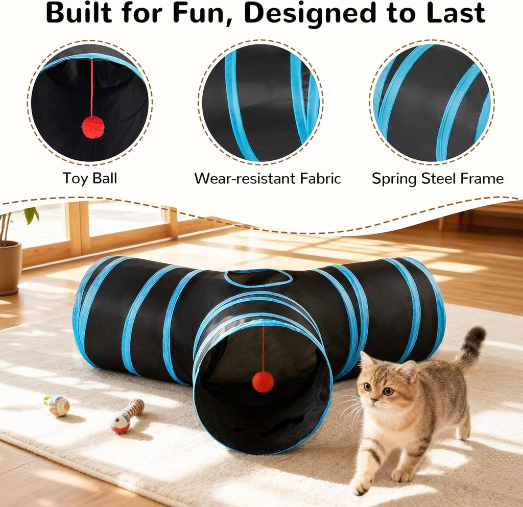 Tempcore Cat Tunnel, 3-Way Collapsible Toy for Indoor Cats, Black & Blue | 3-Way Cat Tunnel with Peek Holes, Hanging Ball and Teaser Wand, Collapsible Design for Play, Hiding, Chasing and Exercise