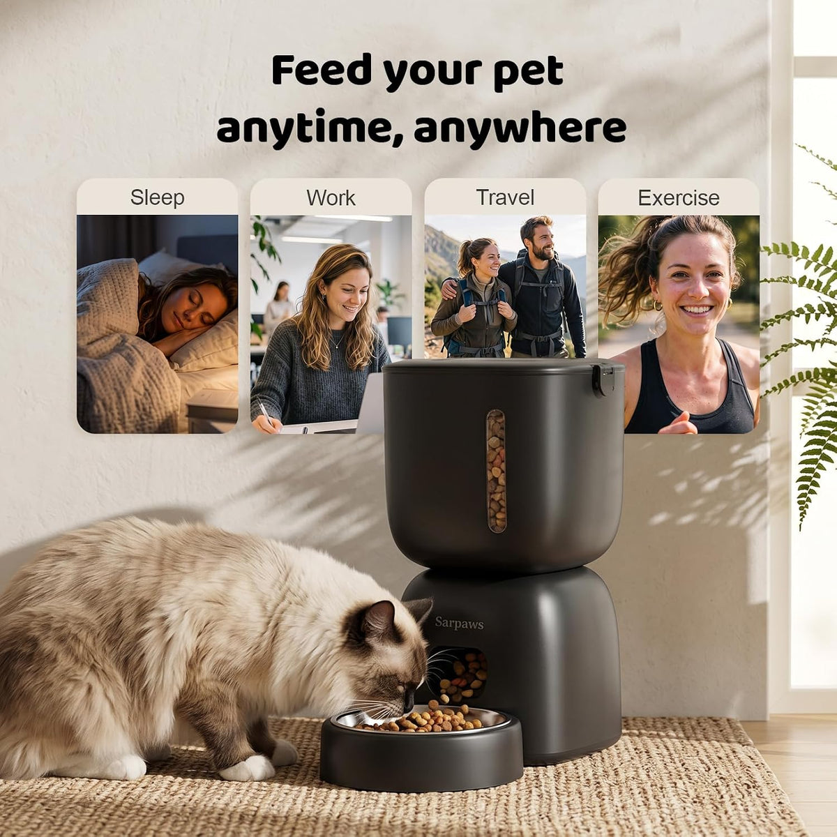 SARPAWS Automatic Cat Feeder, 3L Timed Pet Food Dispenser with 304 Stainless Steel Bowl, 10s Voice Recorder, Dual Power 180-Day Battery Life, Anti-Clogging Auto Pet Feeder for Small Cats and Dogs