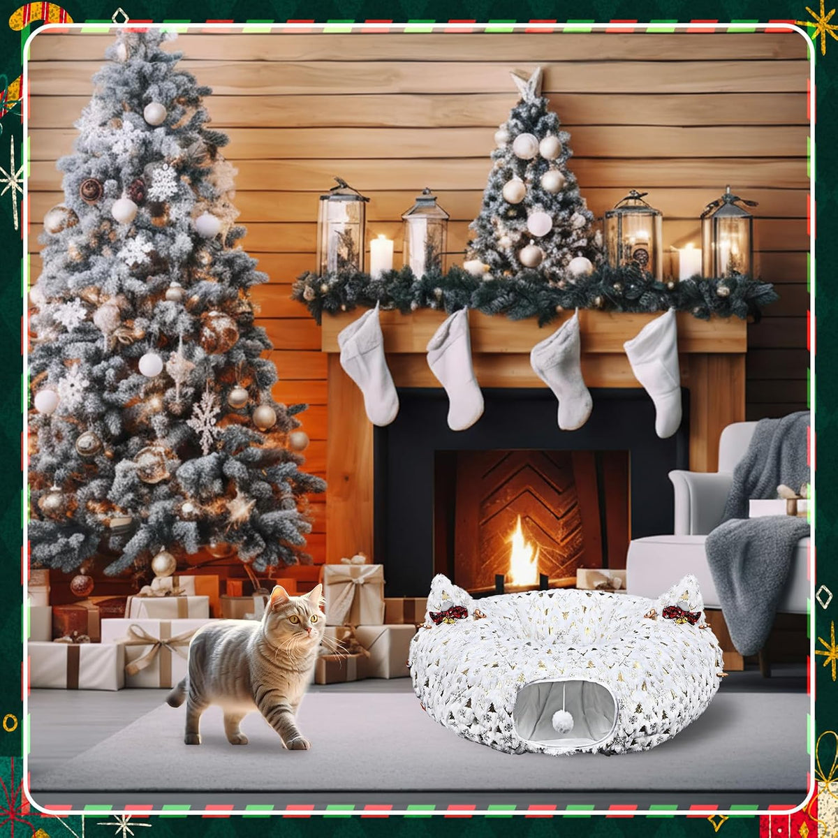 AceOrbit Christmas Cat Tunnel Bed Under Christmas Tree