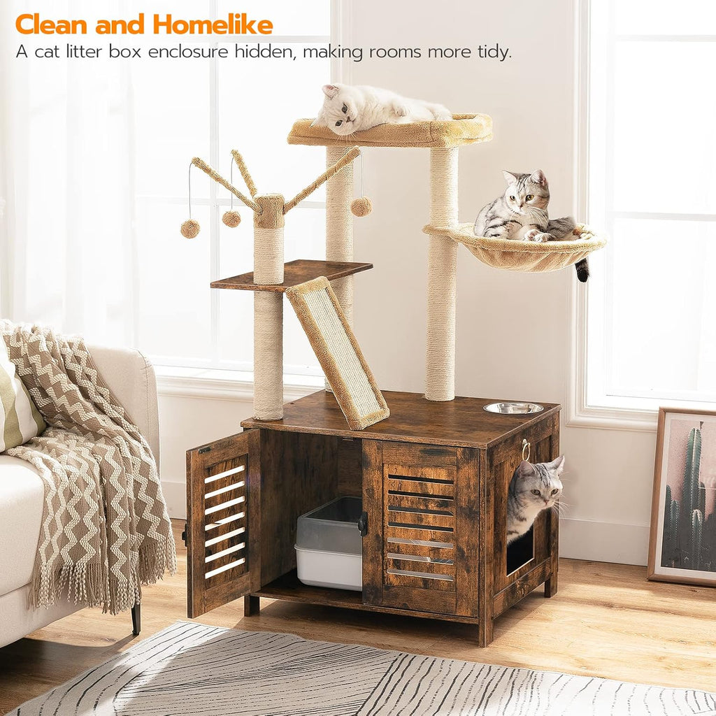 HOOBRO Cat Tree with Litter Box Enclosure, 44" Tall Wooden Cat Tower with Scratching Posts, Cat Hammock, Hidden Litter Box Furniture, All-in-One Indoor Cat Condo, Rustic Brown FG48MZ03