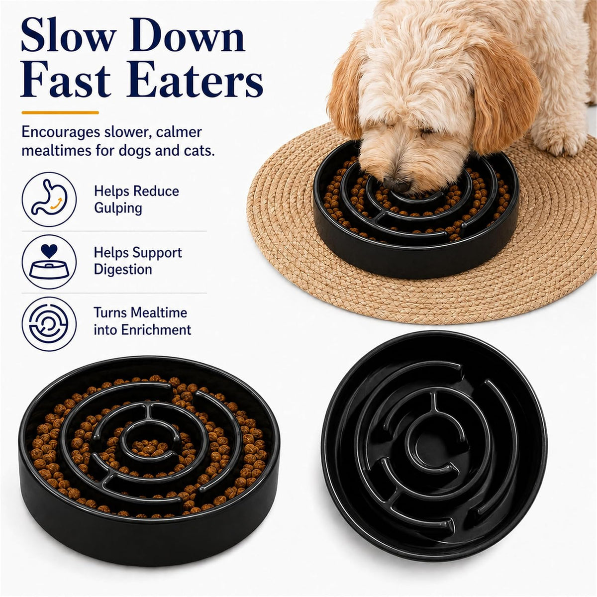 Ceramic Slow Feeder Dog Bowl, 1.5 Cup Puzzle Dish for Small Medium Dogs