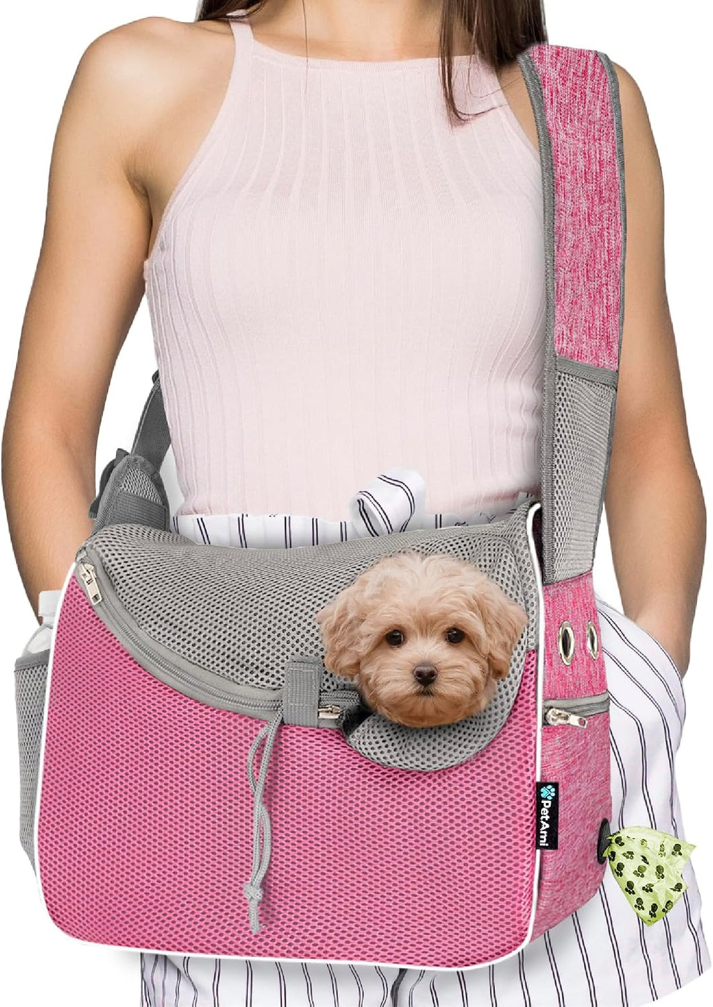 PetAmi Dog Sling Carrier for Small Dogs, Hands Free Crossbody Carrier, Pink