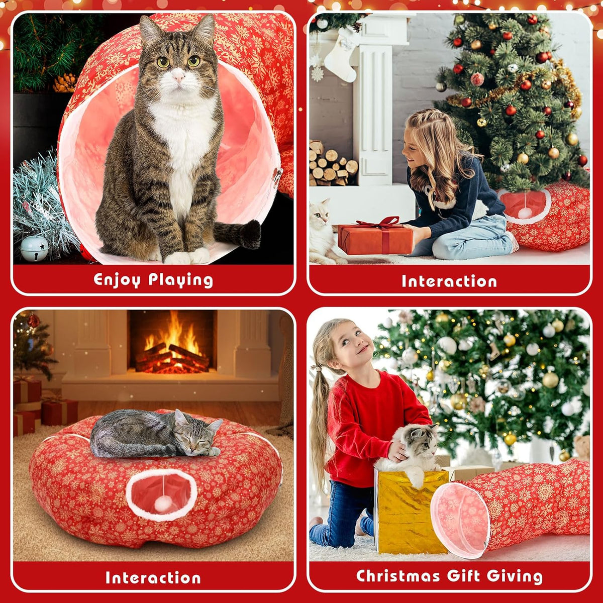 Snowflake Cat Tunnel Bed Under Christmas Tree 36'' Kitten Circle Donut Tunnel Skirt with Ball Mat Decorative Xmas Folding Home Kitty Guard Tube Holiday Party Indoor Pet(Red Gold)