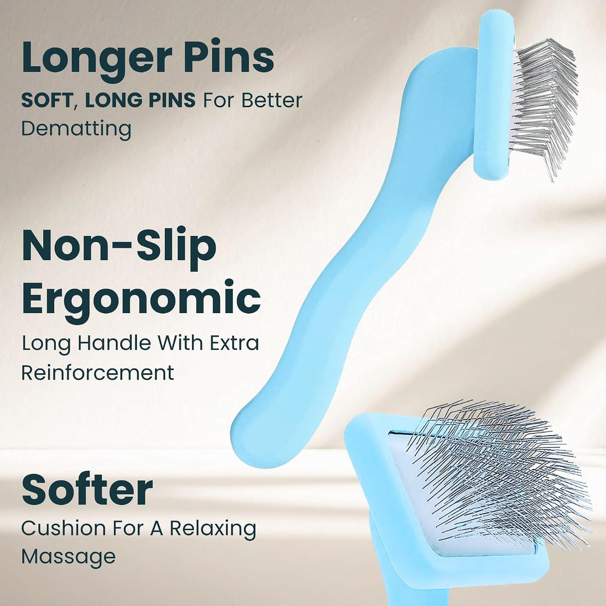 Pet Slicker Brush With Soft Massage Grooming Stainless Steel Pins - For Dematting, Shedding Fur, and Undercoat - Ideal Gift for Professional Pet Groomers - Long Slicker Brush (Baby Blue, Flat Medium)