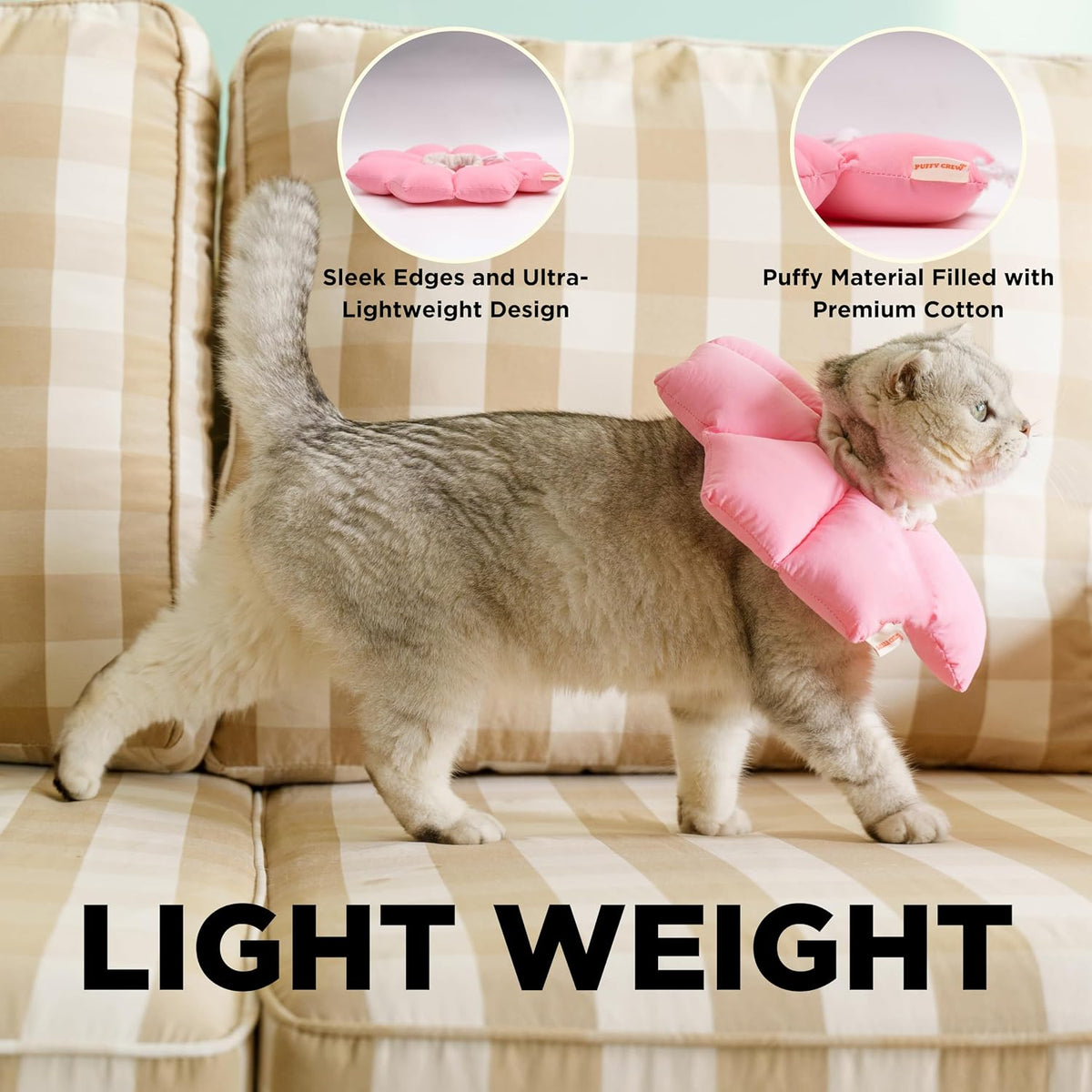 Puffy Crew Soft Cat Cone Collar, Adjustable Waterproof Recovery Collar, Lightweight Elizabethan e Collar for Cats of All Breeds (Pink, Large, Neck Circumference 7.8'' - 12.5'')
