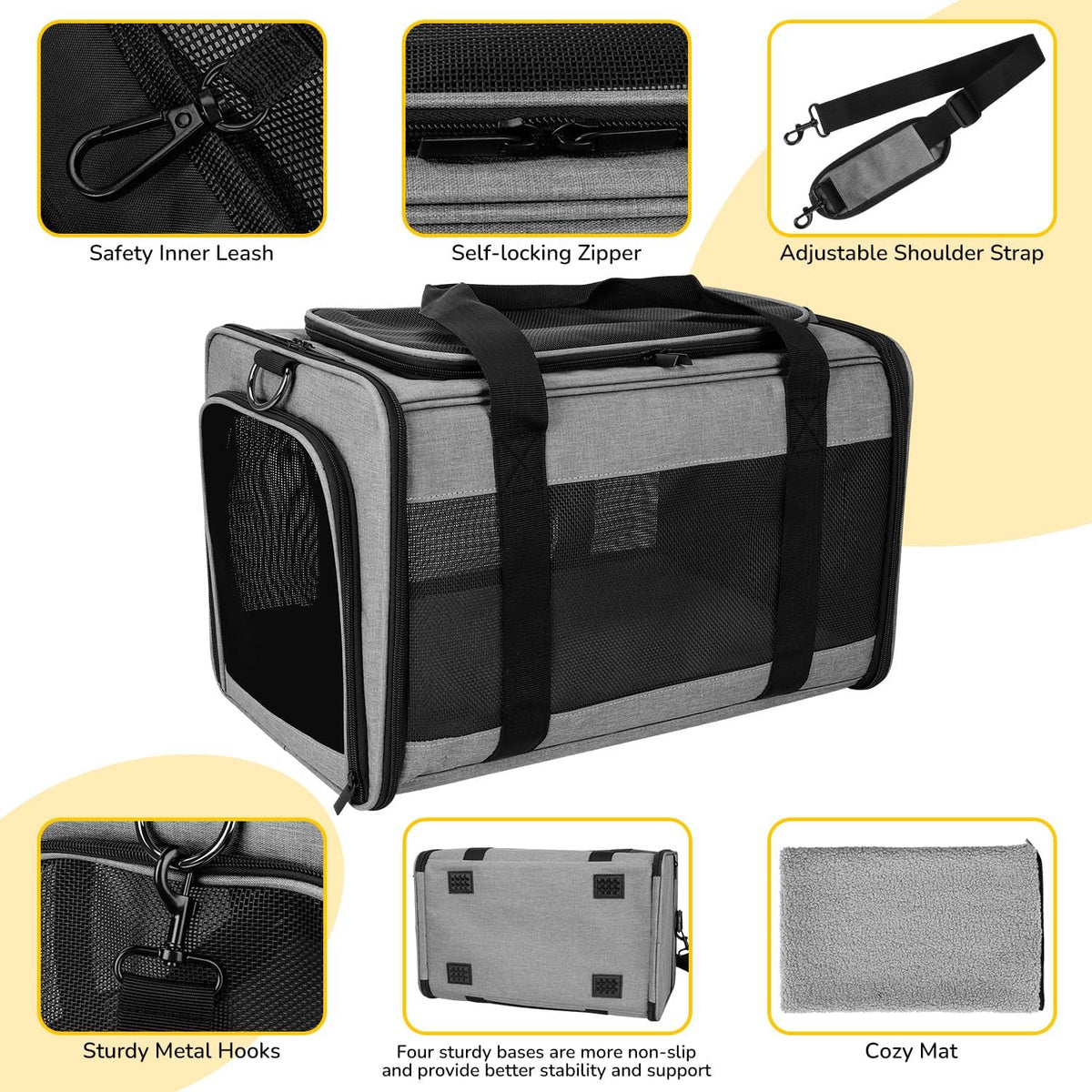 Hipubby Cat Carrier Dog Carrier for Pets Up to 16 Lbs, Soft-Sided Pet Travel Carrier for Cats and Small Dogs, Airline Approved Pet Carrying Case with Shoulder Strap & Removable Mat - Grey