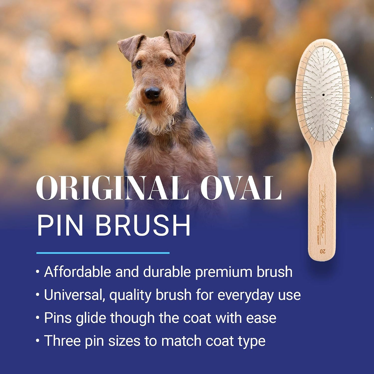 Chris Christensen 20 mm Oval Pin Dog Brush, Original Series, Groom Like a Professional, Stainless Steel Pins, Lightweight Beech Wood Body, Ground and Polished Tips 