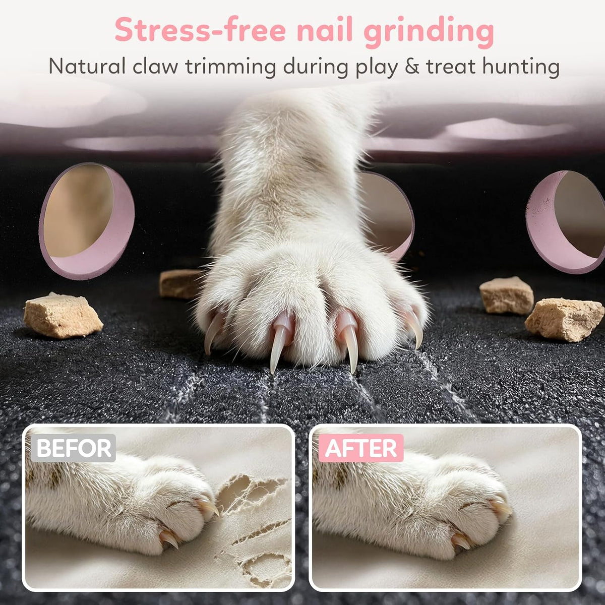 【Large&Thicken Oak 】Cat Nail File Scratcher Puzzle Box,High-Density Furniture Grade Oak,Porous Design,Stimulate Cat Exploratory &Slow Down Eat Speed;Built In Frosted Paper,Polish Their Nail While Play