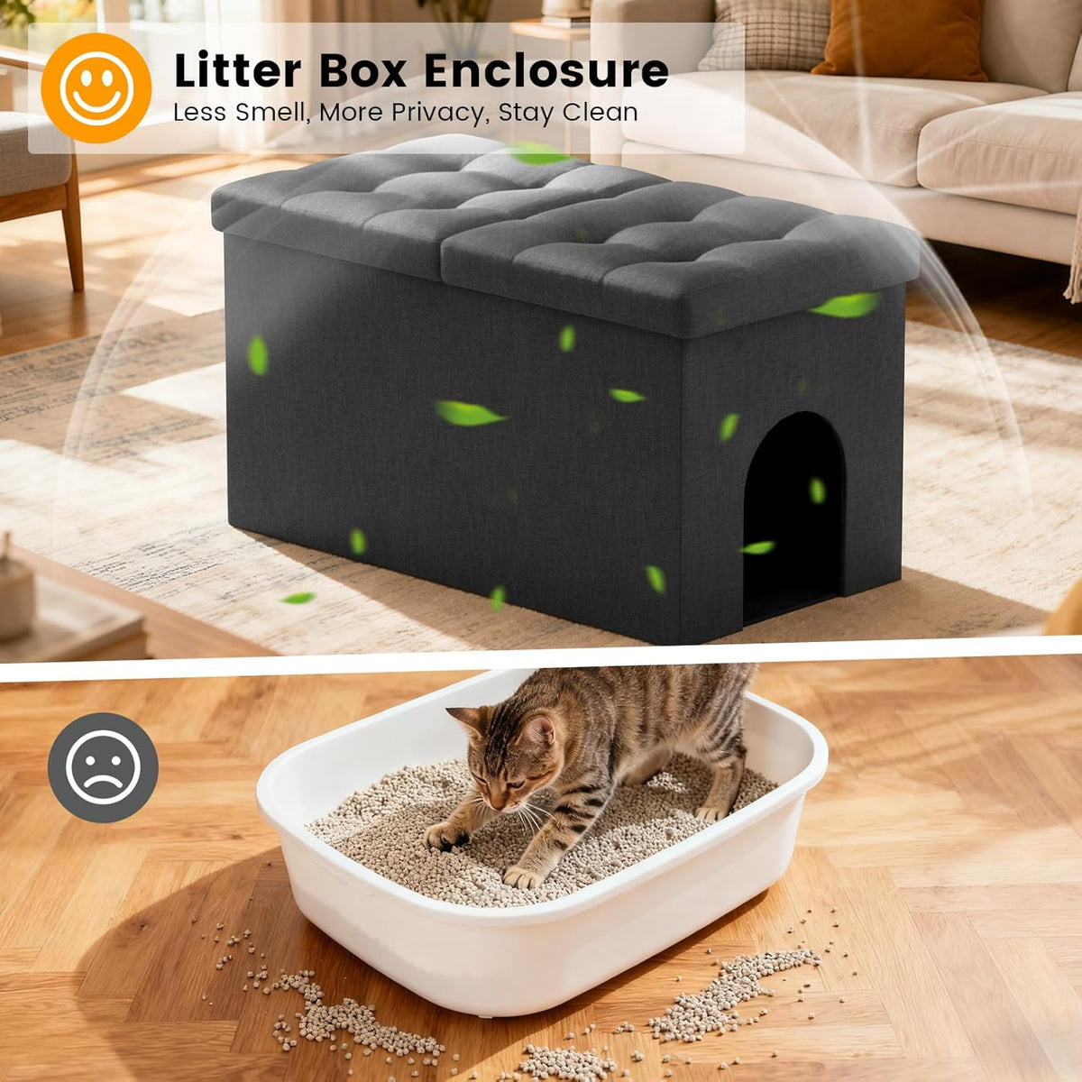 3-in-1 Cat Litter Box Enclosure Furniture, X-Large, Dark Grey