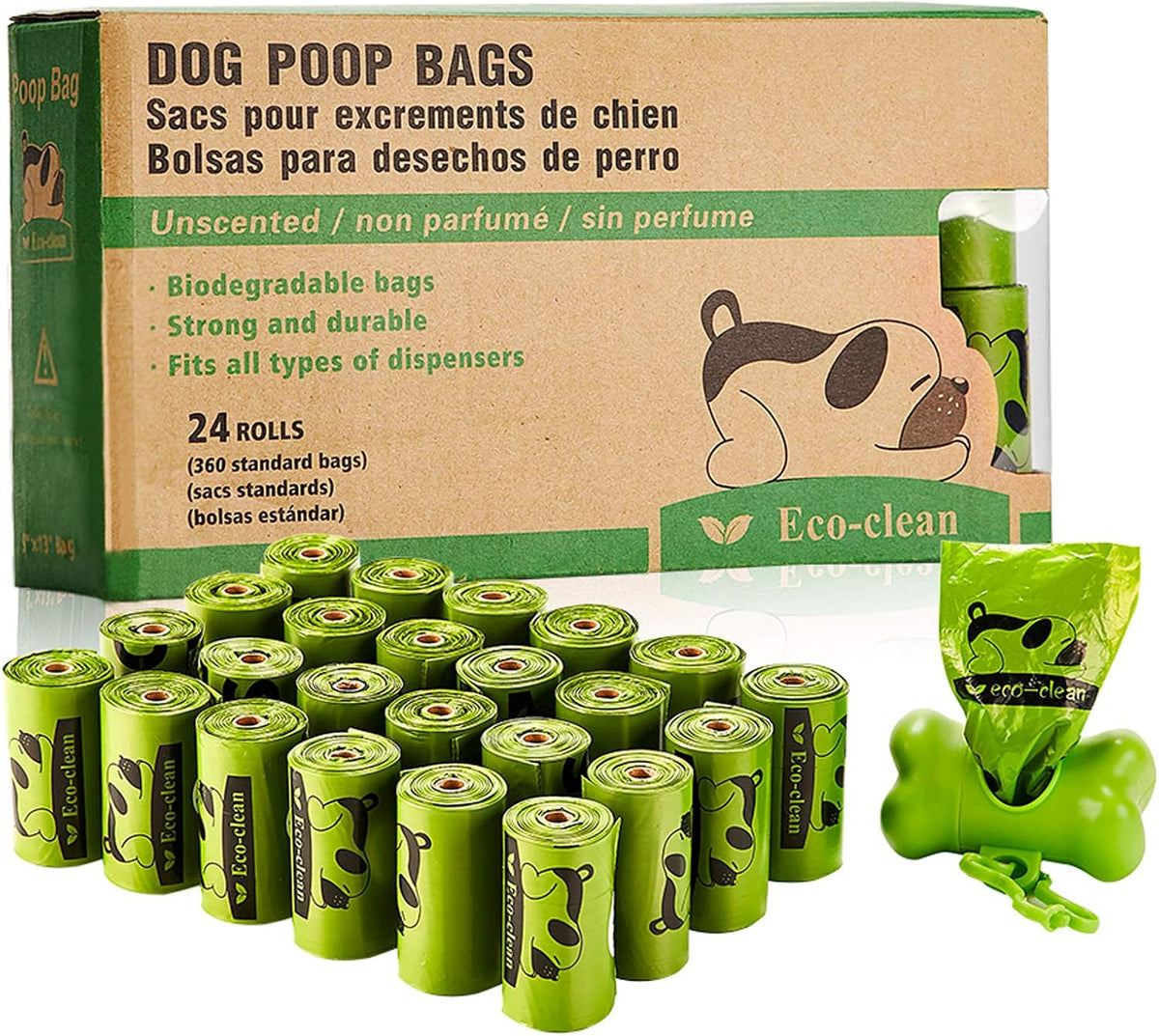 ECO-CLEAN Dog Poop Bags, 24 Rolls/360 Bags with Dispenser | Dog Waste Bags, Unscented, Leak-Proof, Easy Tear-Off