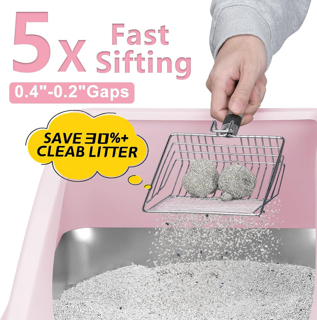 AIPERRO Stainless Steel Litter Box | XL Metal Cat Litter Boxes with Lid | Enclosed High Sided for Big Cats | Anti-Urine Leakage, Non-Stick, Easy to Clean with Litter Mat & Metal Scoop | Cute Pink