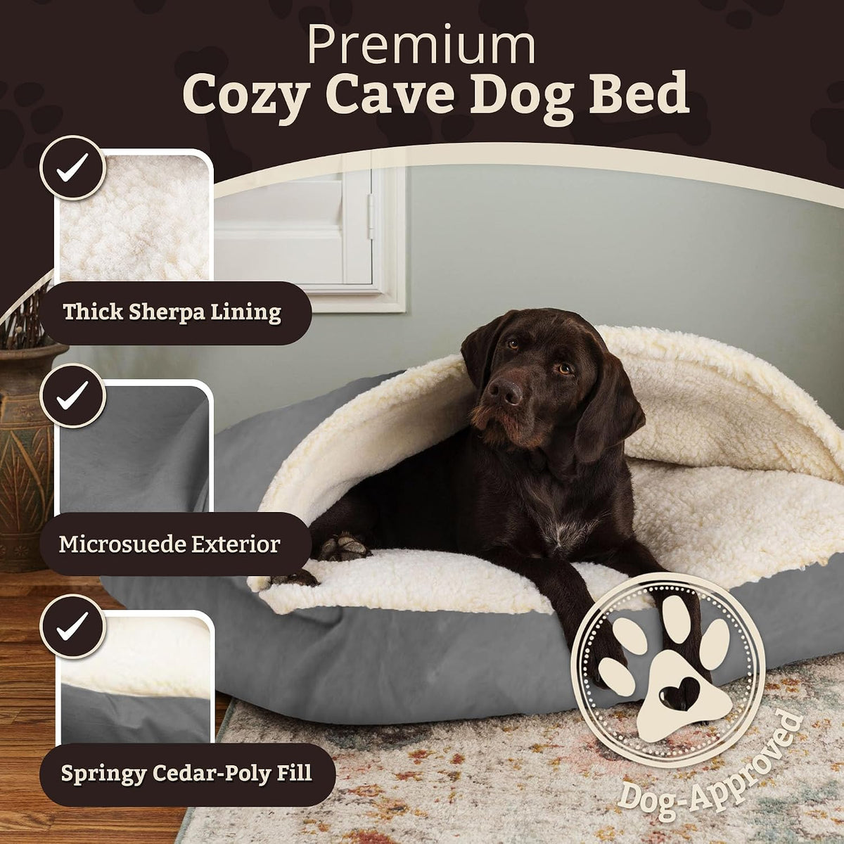 Snoozer Rectangle Cozy Cave Dog Bed, Hooded Dog Bed, Anthracite (S)