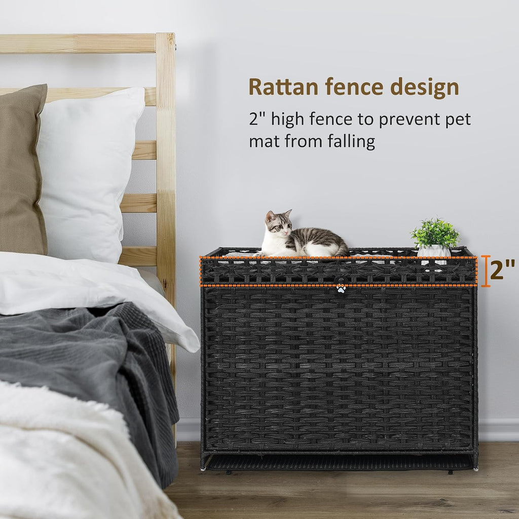 Cat Litter Box Enclosure with Door, Hidden Cat Washroom Furniture | Handwoven PP Wicker; Soft Litter Mat Included; Spacious Interior; Furniture-Style Design; Indoor Home Décor