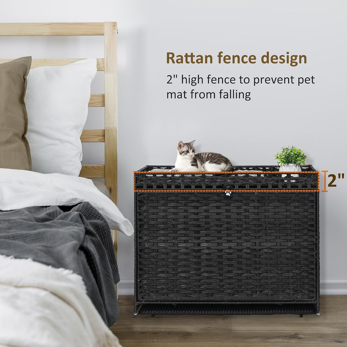 Cat Litter Box Enclosure with Door, Hidden Cat Washroom Furniture | Handwoven PP Wicker; Soft Litter Mat Included; Spacious Interior; Furniture-Style Design; Indoor Home Décor