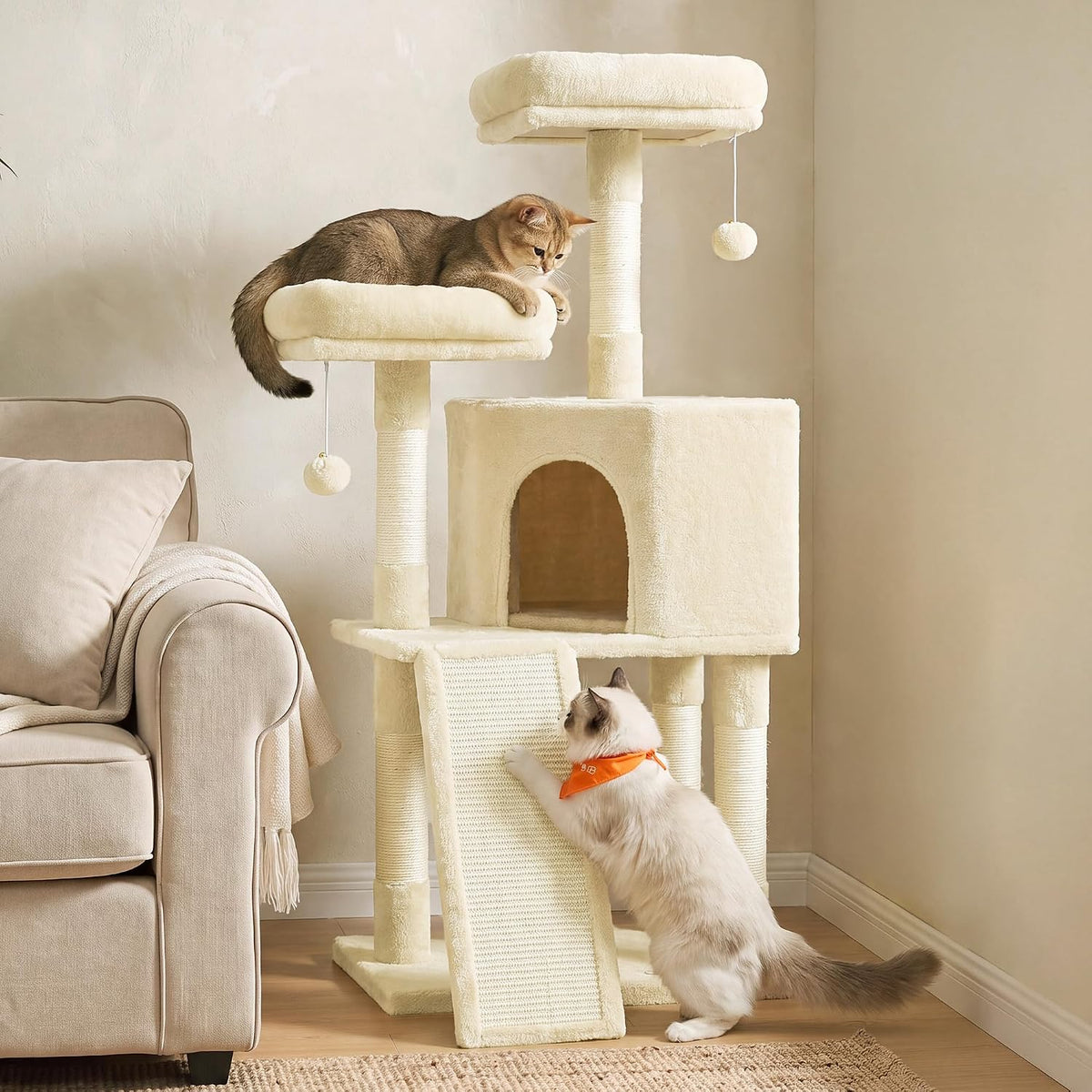 Feandrea Cat Tree, 45.3-Inch Cute Cat Tower, Plush Climbing Condo, Beige