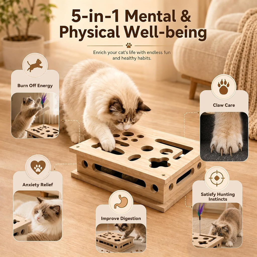 2026 New Cat Scratch Puzzle Enrichment Box, Interactive Cat Nail File Box with Catnip & Bell Ball, Cat Scratcher Toy with Teaser Wand, Stress-Free Alternative to Clippers & Grinders