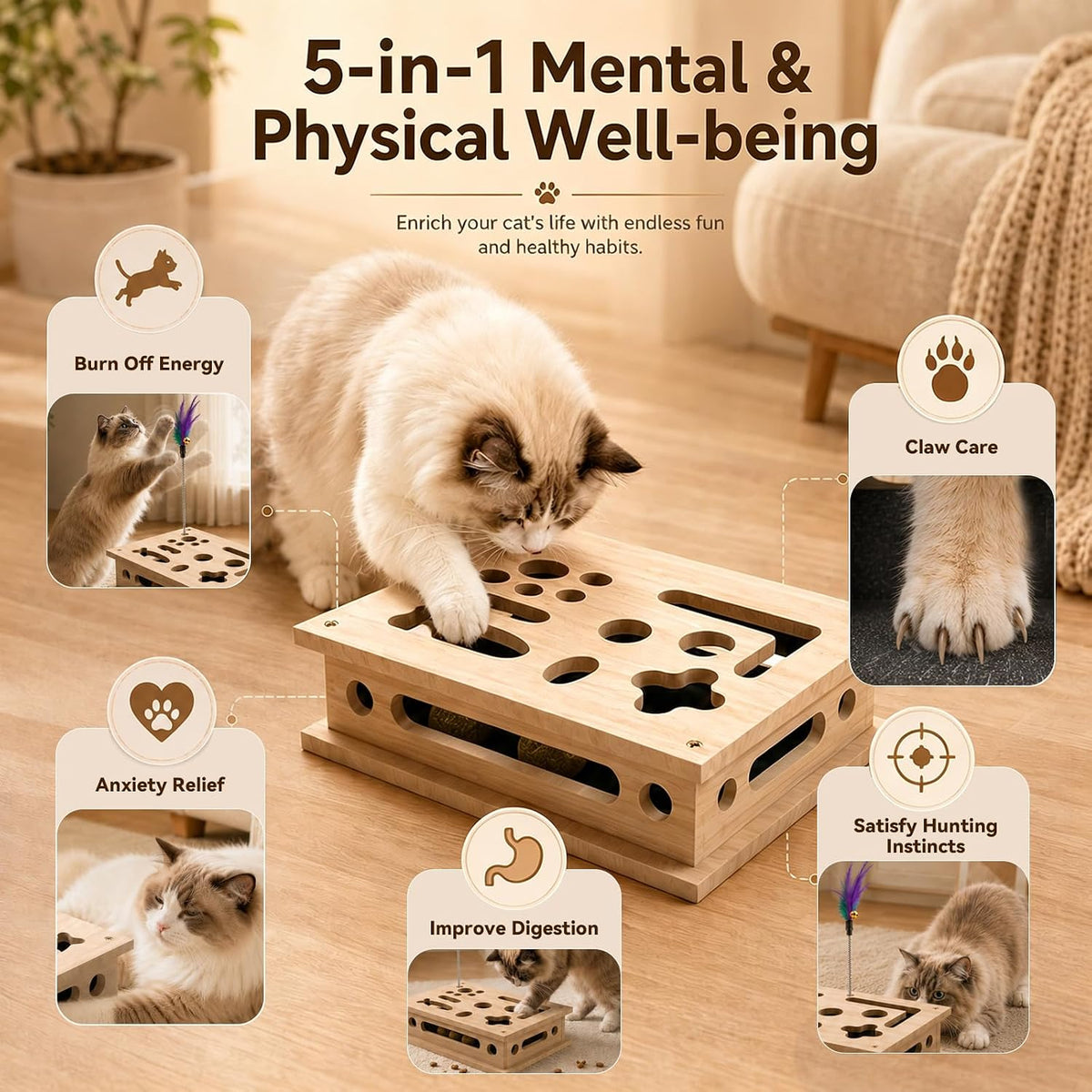 2026 New Cat Scratch Puzzle Enrichment Box, Interactive Cat Nail File Box with Catnip & Bell Ball, Cat Scratcher Toy with Teaser Wand, Stress-Free Alternative to Clippers & Grinders