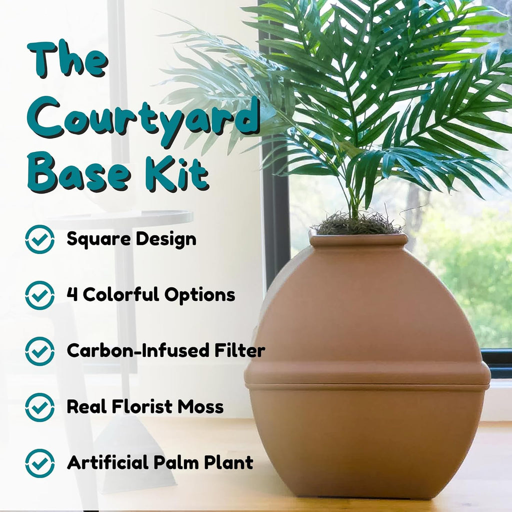 Good Pet Stuff Courtyard Hidden Litter Box Planter, Decorative Cat Litter Enclosure with Carbon Filter, Artificial Palm Plant, Square Design, Easy To Clean, Base Kit, Mocha Brown