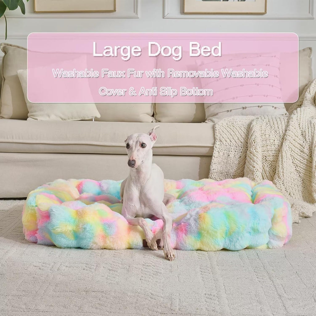 Washable Orthopedic Dog Bed,Rectangle Fleece & Luxury Pet Bed with Removable Zipper Cover & Anti-Slip Bottom,Suitable for Medium Large Dogs,30x25x7.5inches,Rainbow