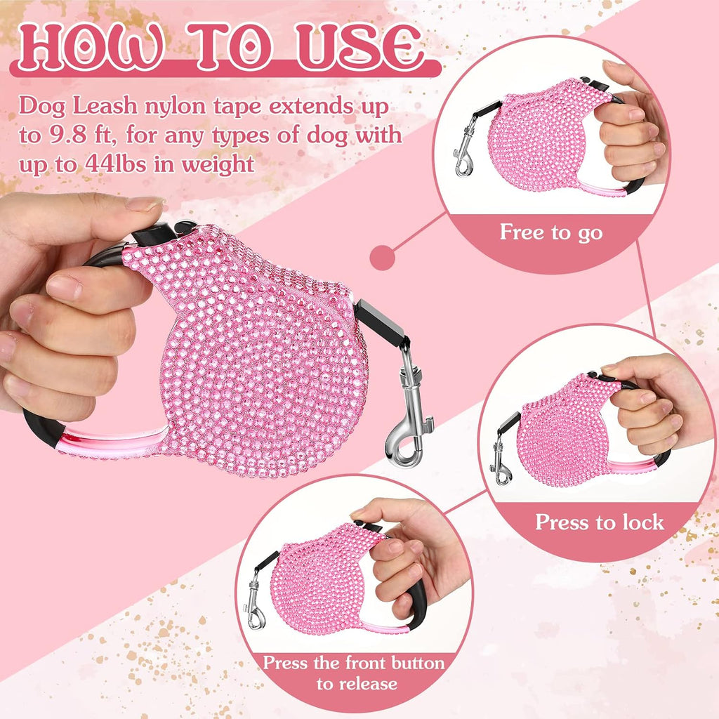LEIFIDE 2 Pack Rhinestone Retractable Dog Leash and Bag Holder Set Pink Bling Bone Shaped Pet Waste Bags Dispenser with Metal Clip Heavy Duty Dog Leash for Most Puppy