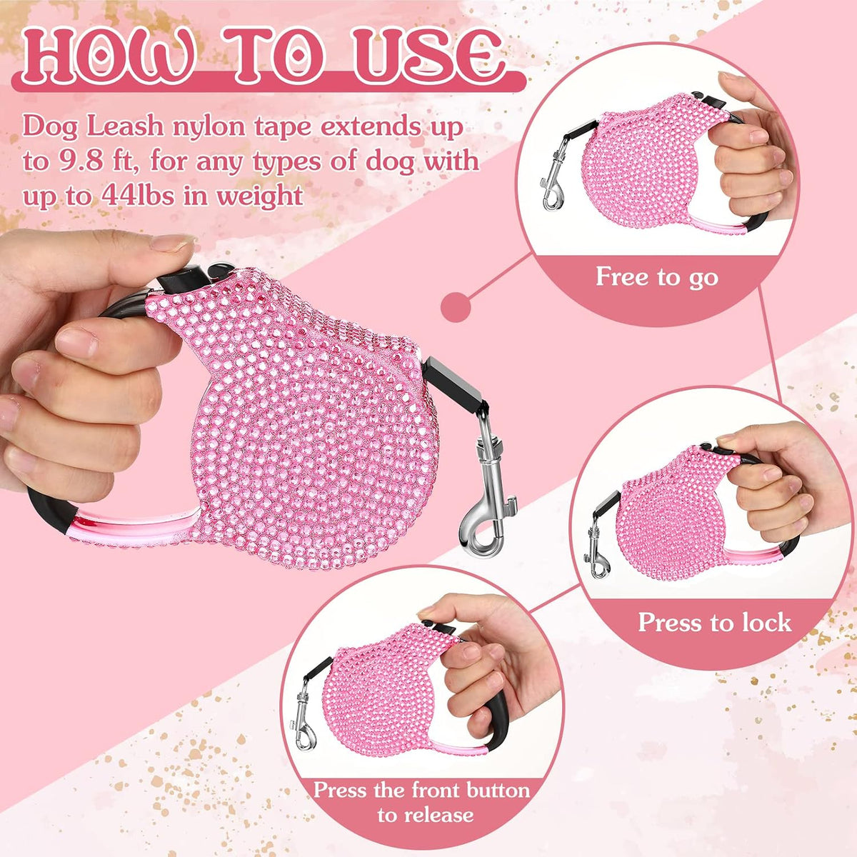 LEIFIDE 2 Pack Rhinestone Retractable Dog Leash and Bag Holder Set Pink Bling Bone Shaped Pet Waste Bags Dispenser with Metal Clip Heavy Duty Dog Leash for Most Puppy
