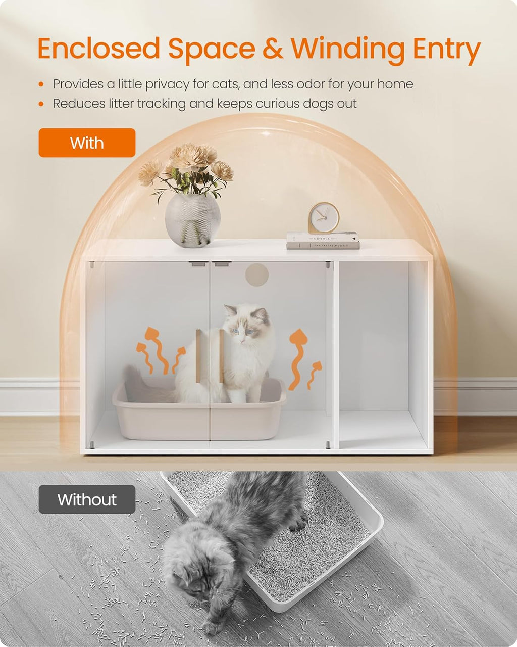 Feandrea Cat Litter Box Enclosure, Double Doors, 31.5 x 19.7 x 17.7 Inches | Modern Hidden Litter Box Furniture, Indoor Pet House, Side End Table, Cloud White, CUSTOS Collection UPCL020WB01S