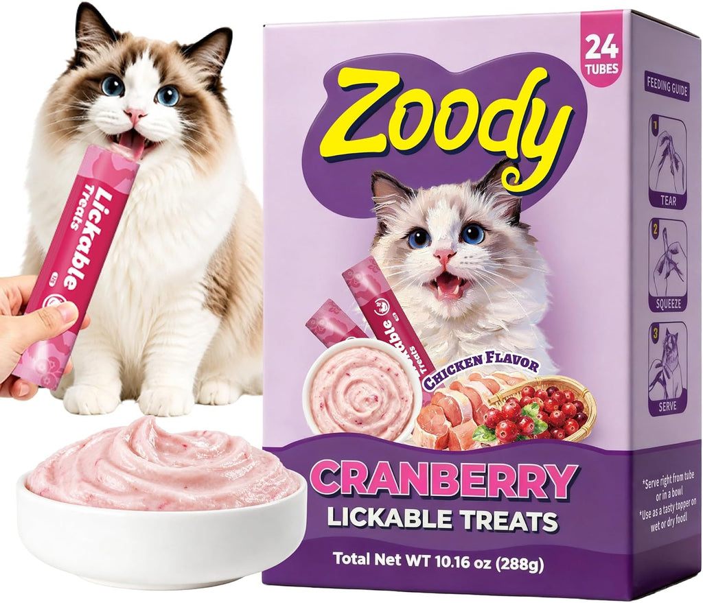 Zoody Cranberry Lickable Cat Treats with Taurine, 24 Tubes, 0.4 oz Each