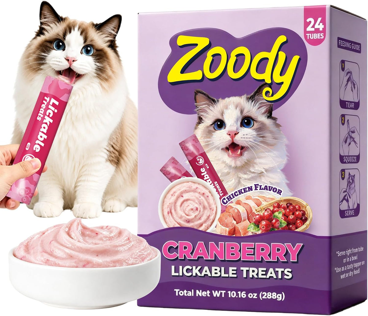 Zoody Cranberry Lickable Cat Treats with Taurine, 24 Tubes, 0.4 oz Each
