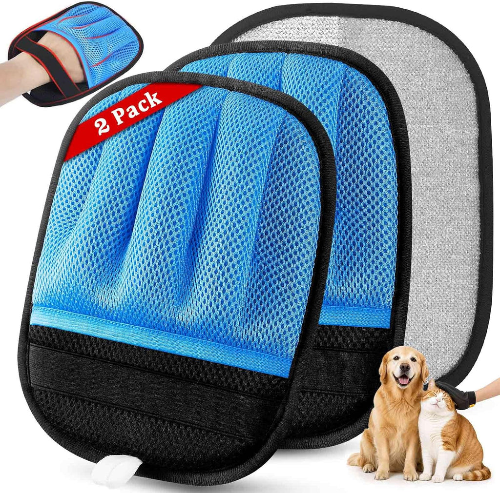 SUETT 2-Pack Pet Hair Removal Gloves, Reusable Five-Finger Grooming Gloves for Dogs and Cats, Removes Pet Hair from Clothes, Sofas, Carpets, and Car Seats, Blue