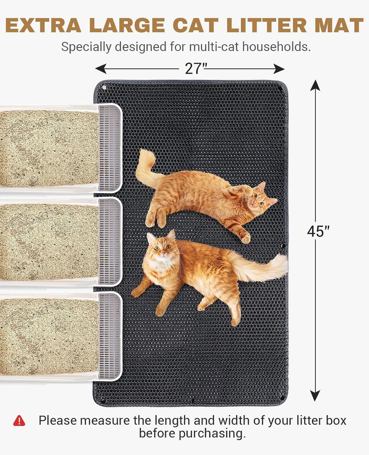 Fostanfly Cat Litter Mat, Machine Washable, Extra Large XL 45"x27", Black | Kitty Litter Trapping Mat, Urine & Waterproof, Double Layer Design, Honeycomb Scatter Control- Easy Clean for Floor