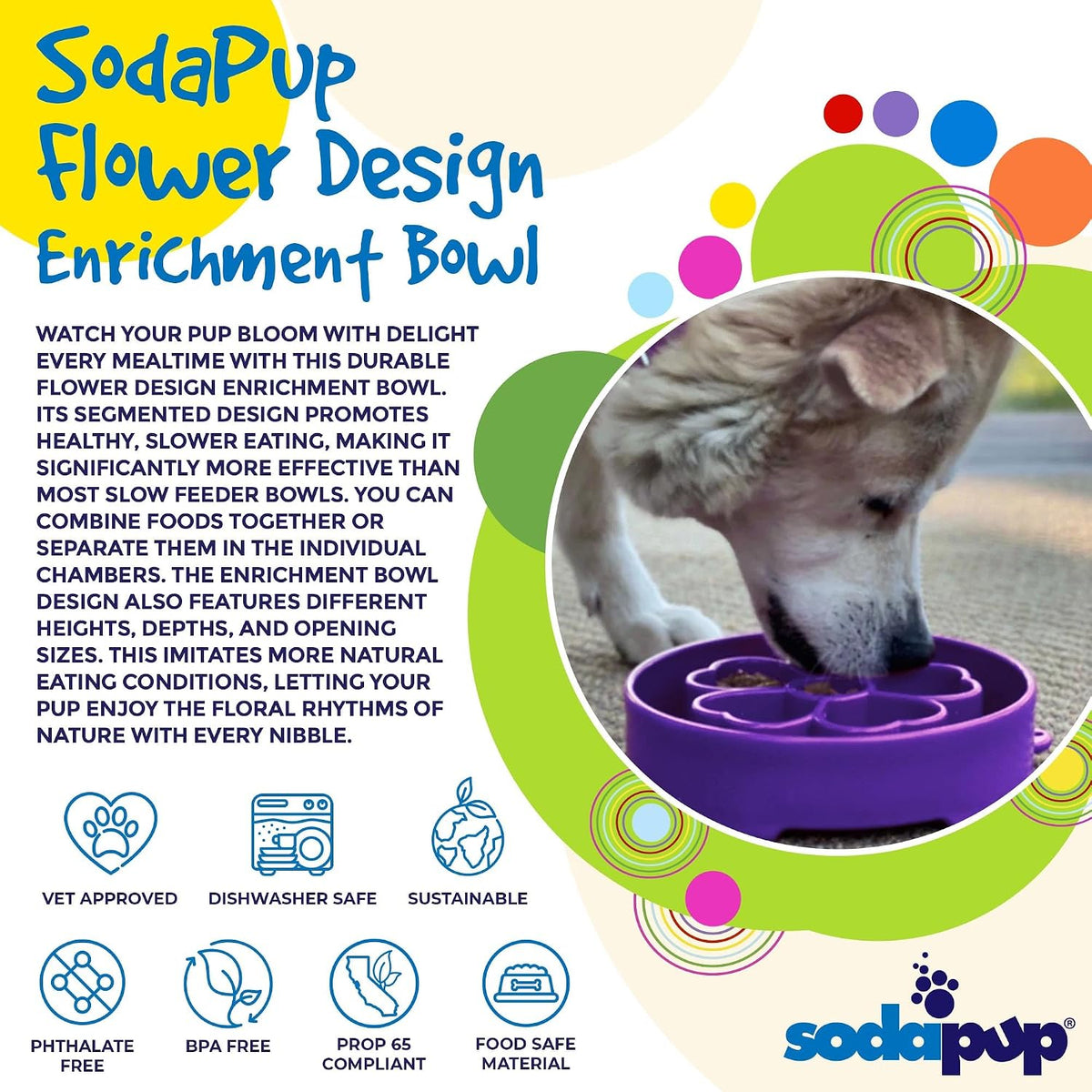 SodaPup Flower Design Enrichment Bowl – Durable Slow Feeder Bowl Made in USA from Non-Toxic, Pet-Safe, Food Safe Material for Mental Stimulation, Slowing Down Eating, Healthy Digestion, & More