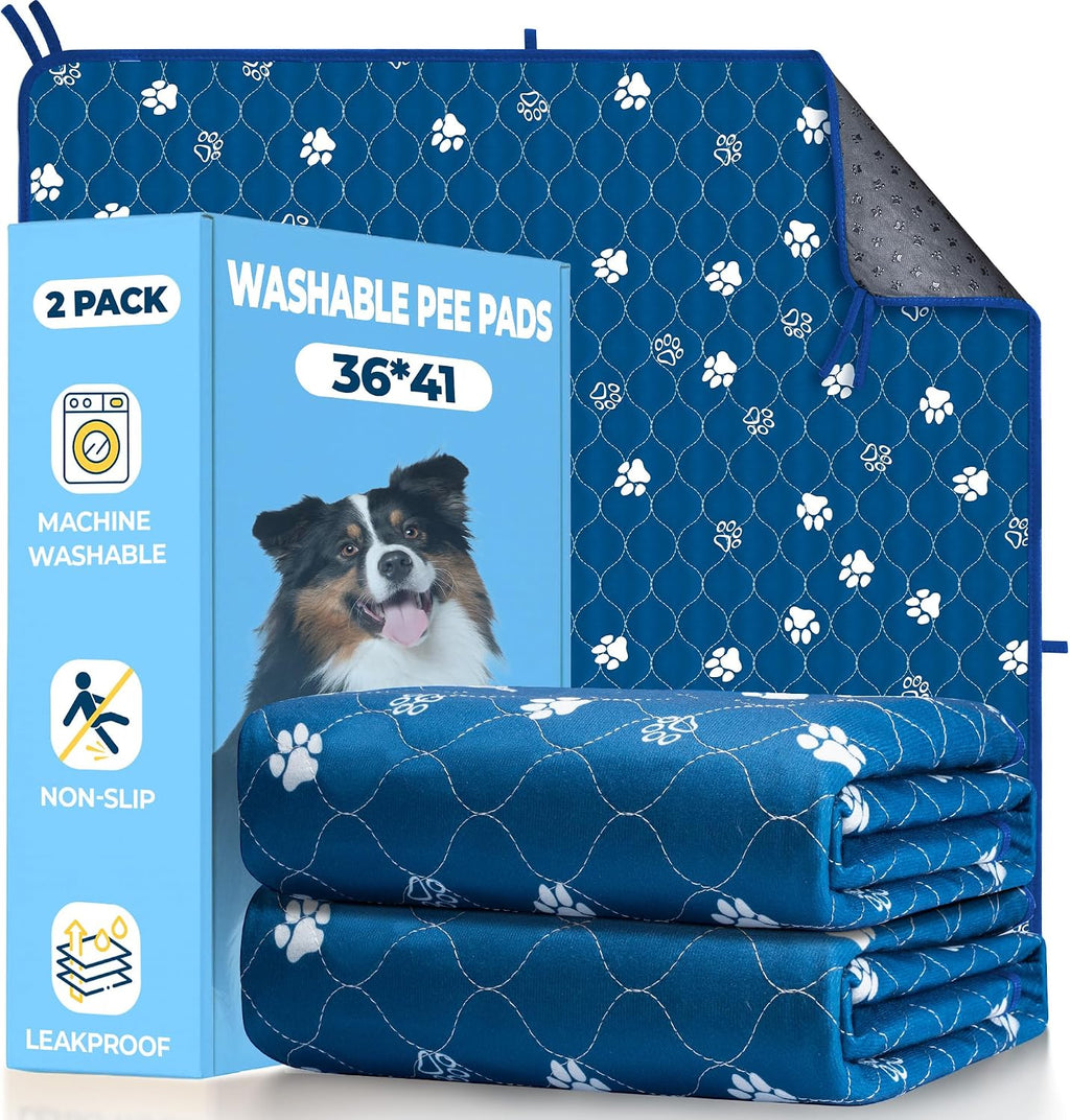 Fostanfly Washable Pee Pads for Dogs, Ultra-Absorbent, 2 Pack 36"x41" Blue | Leak-Proof, Waterproof, Non-Slip, Large Reusable Pee Pads for Puppy Potty Training, Crate and Playpen with 8 Tie Straps