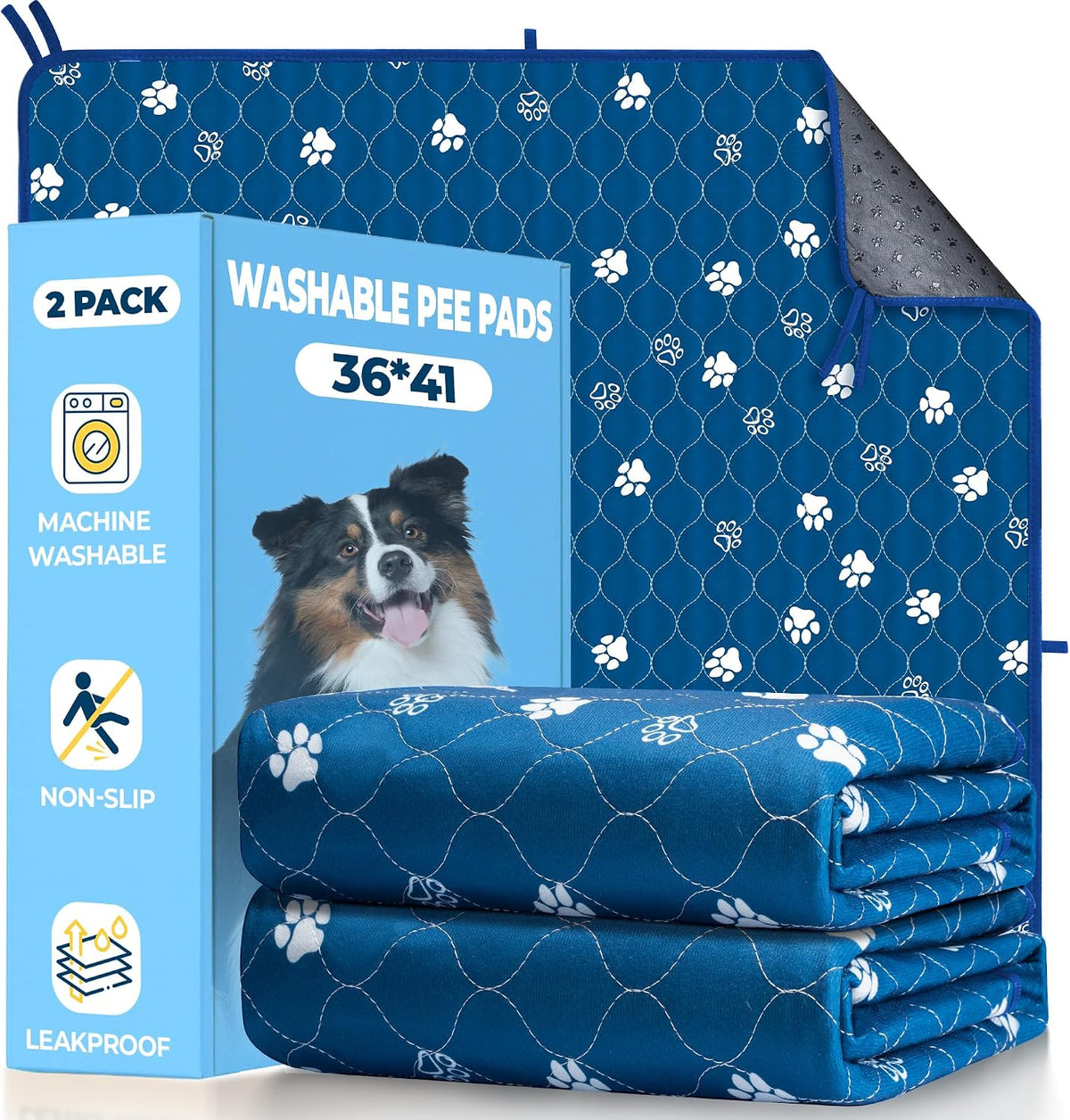 Fostanfly Washable Pee Pads for Dogs, Ultra-Absorbent, 2 Pack 36"x41" Blue | Leak-Proof, Waterproof, Non-Slip, Large Reusable Pee Pads for Puppy Potty Training, Crate and Playpen with 8 Tie Straps