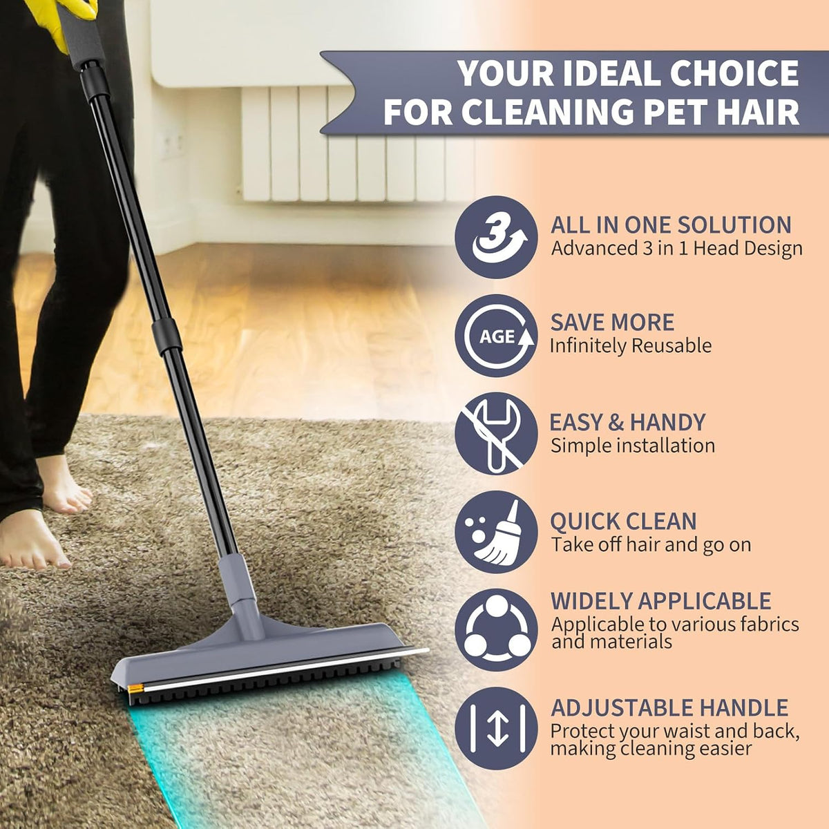 Carpet Rake for Pet Hair Removal - Reusable Dog & Cat Hair Remover with 58" Reinforced Steel Handle, 3-in-1 Professional Modular Rug Rake & Scraper Tool for Shag Rugs, Couch, Stairs (Gray)
