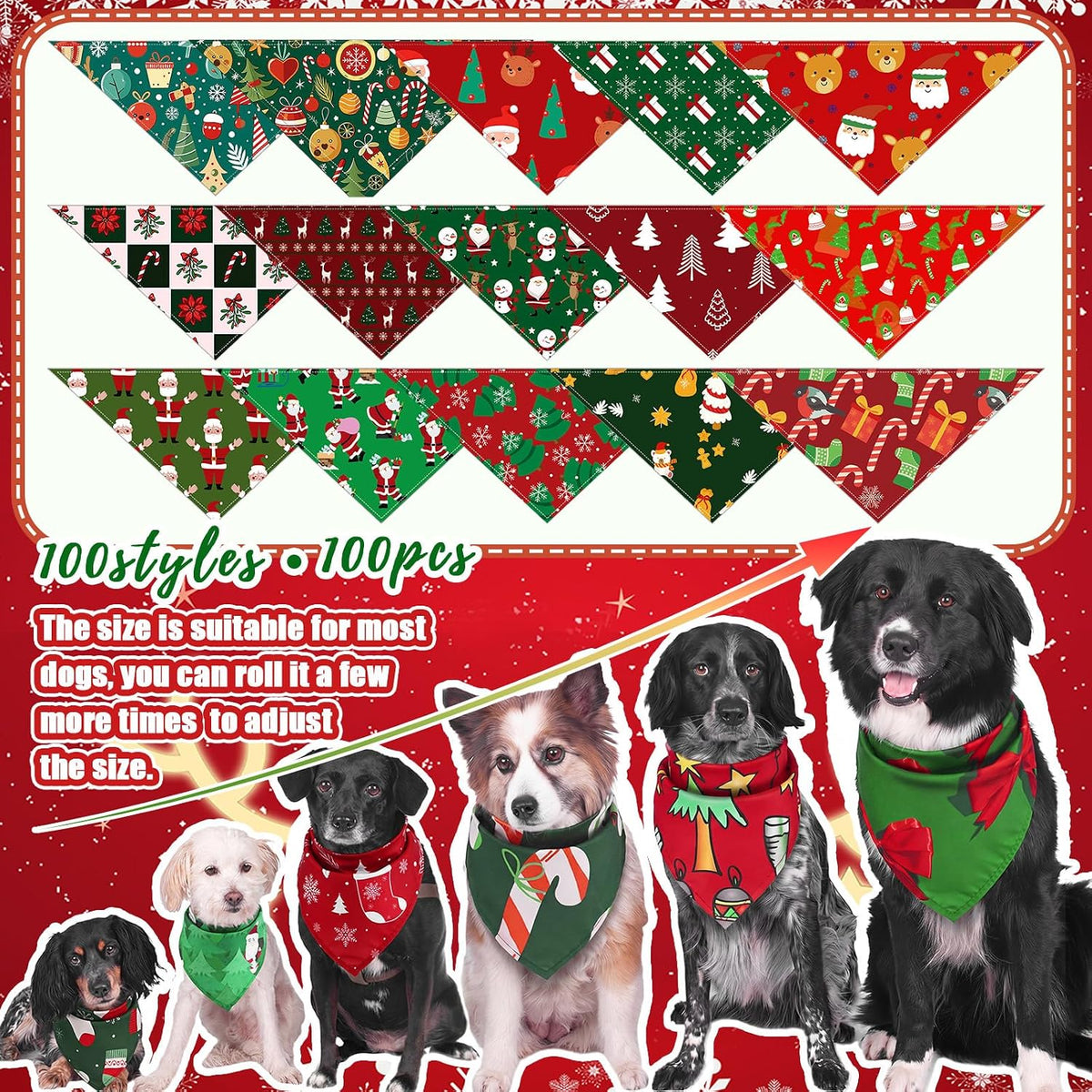 Huhumy 100 Pcs Christmas Dog Bandanas Bulk Bandanas for Medium Large Dogs