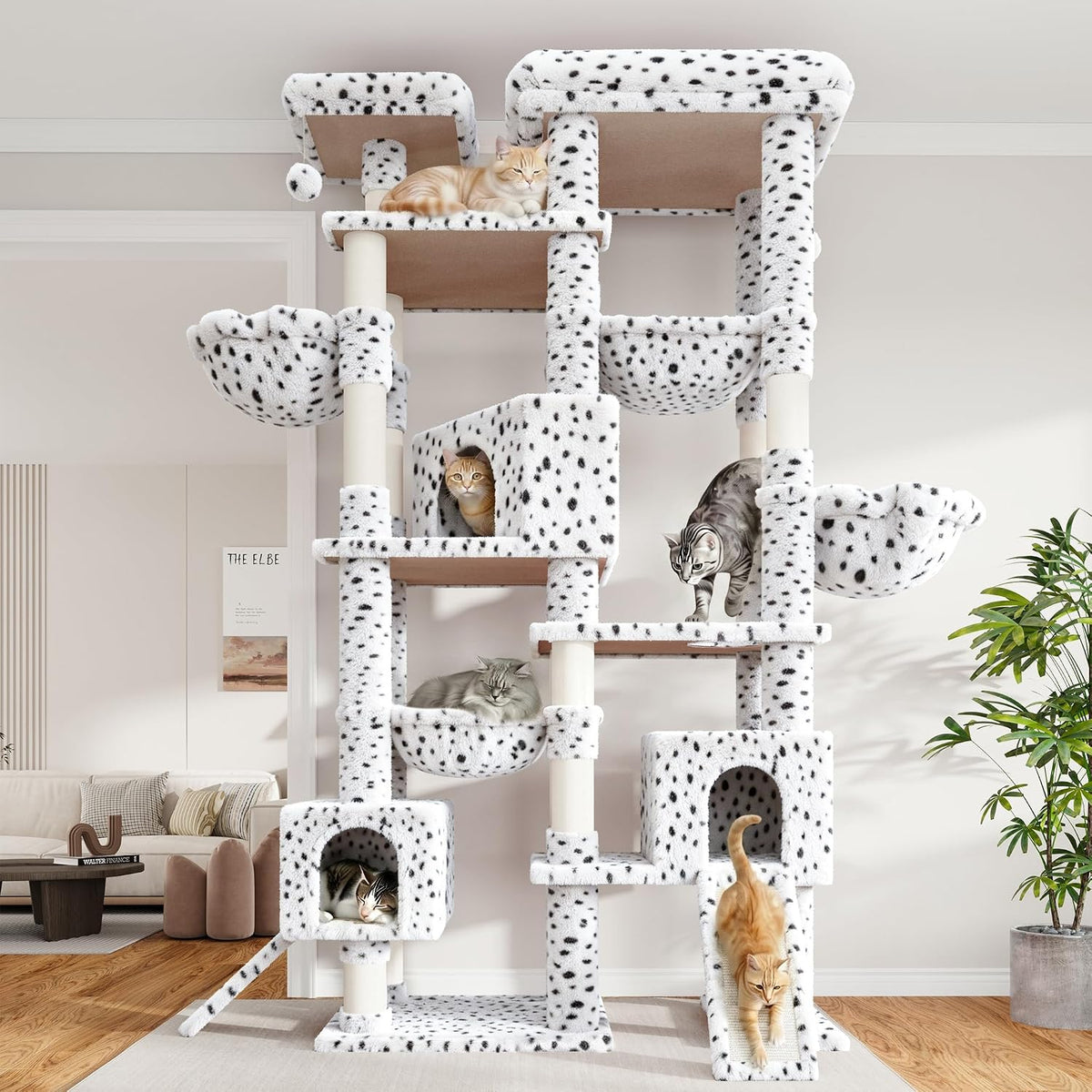 SHA CERLIN 87 in Multi-Level Tall Cat Tree Tower for Large Cats/Extra Wide Feline Activity Center/Sisal Scratching Posts/Wide Base/Cozy Plush Perches/Baskets/Hammocks/Toy Balls/White & Black Spot