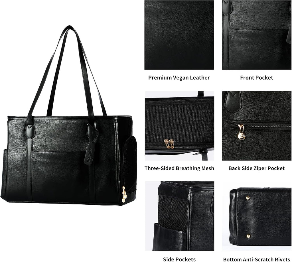 Stylish Dog Purse Carrier, Leather Pet Carrier Bag for Small Dogs Cats Puppy, Airline Approved Soft-Sided Carrier Black