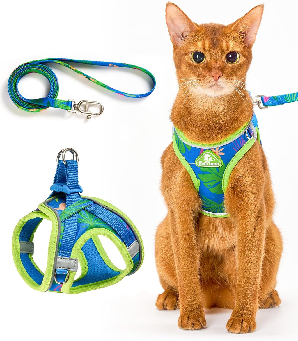 PetThem Upgraded Cat Harness and Leash Set - Step-in Escape Proof Adjustable Cat Harness, Comfortable Soft Lightweight, Reflective Harness for Walking, Travel, Camping (Hawaii Green, XS)